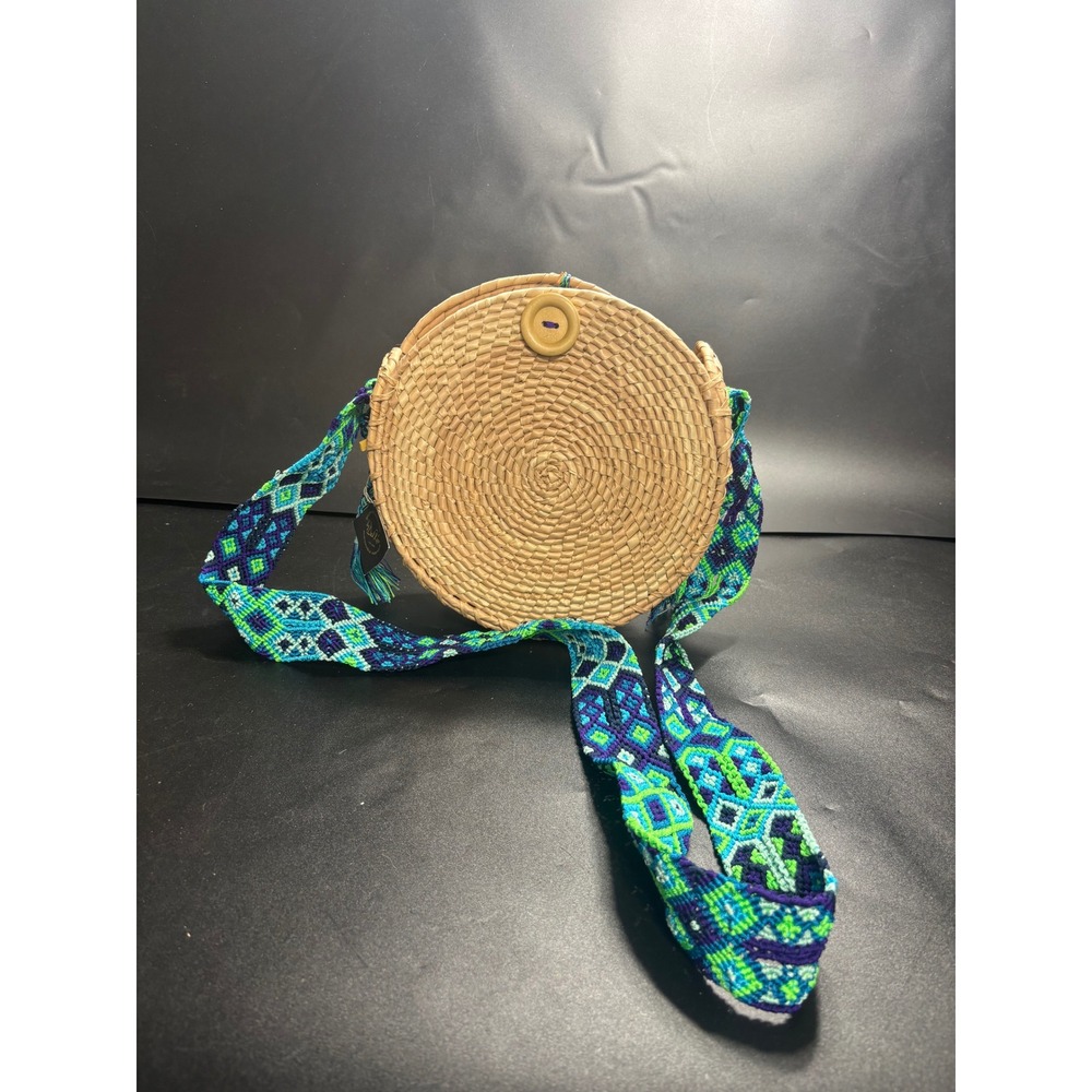 By Del Rio Round Straw Crossbody Bag Blue Green Embroidered Strap Mexico NEW